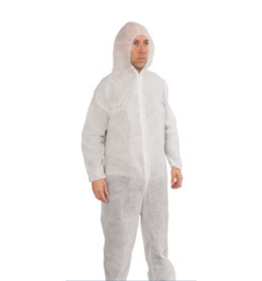 Polypropylene Coveralls with Elastics & Hood - White